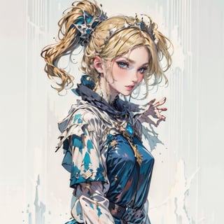 female, ((masterpiece, best quality, ultra detailed, absurdres),  solo, short hair, breasts, looking at viewer, hime cut, 25 years old,Short blonde hair, hime cut,Blue eyes, tiara,light armor, Long sword worn at the waist, ice, wlop art, donghua, scarf, hood, sitting on throne, full body shot, throne