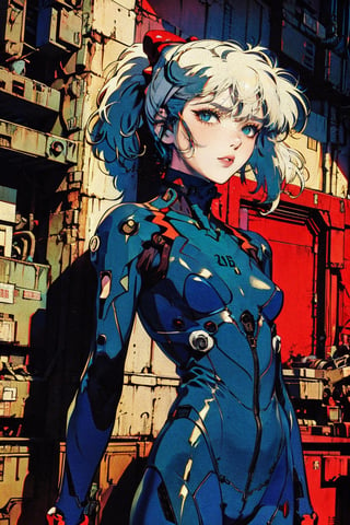 female, ((masterpiece, best quality, ultra detailed, absurdres):1,retroartstyle, short hair, white hair, half color hair, twin_tails, body suit, evangelion