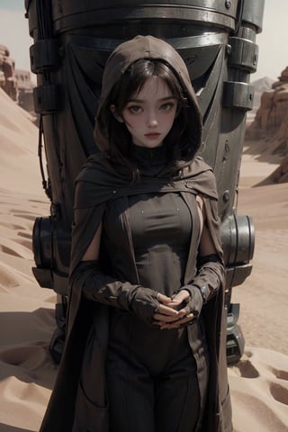 female, ((masterpiece, best quality, ultra detailed, absurdres),solo, 1girl,solo,small breasts,looking at viewer,dune, hoodie, cloak, dessert