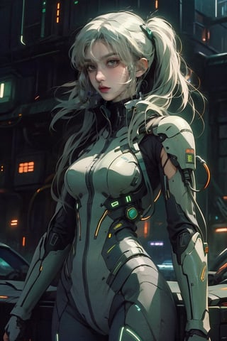 female, ((masterpiece, best quality, ultra detailed, absurdres):1,retroartstyle, short hair, white hair, half color hair, twin_tails, body suit