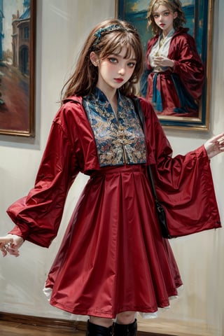 female, ((masterpiece, best quality, ultra detailed, absurdres):1.5), 1girl, bangs,beautiful,red  hair,vnaodai, long_sleeves , outside, skirt