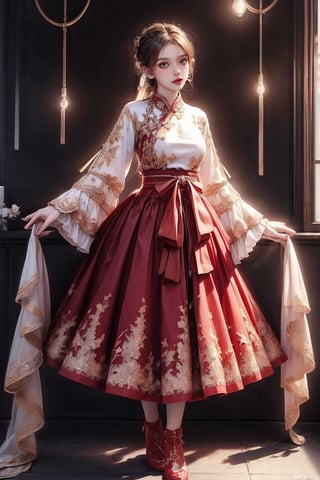 female, ((masterpiece, best quality, ultra detailed, absurdres):1.5), 1girl,solo,long sleeves,dress,standing,full body,frills,wide sleeves,sleeves past wrists,red skirt,chinese clothes,red footwear,sleeves past fingers,hanfu,fantasy,background