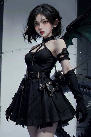 female, ((masterpiece, best quality, ultra detailed, absurdres),
ubel, medium hair, hair between eyes, green hair, side ponytail, (purple eyes:1.1),skirt, gloves, dress, bare shoulders, pleated skirt, sleeveless, black gloves, elbow gloves, belt, miniskirt, black skirt, black footwear, (black dress:1.5), thigh strap, sleeveless dress, halterneck, armband, single glove, black belt, pleated dress, arm strap,dragon ear,SharpEyess