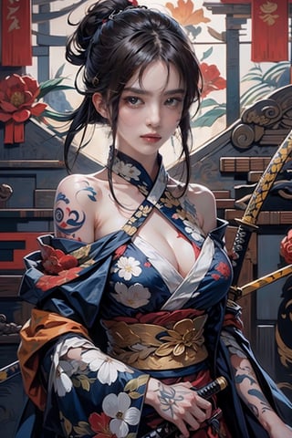 female, ((masterpiece, best quality, ultra detailed, absurdres),breasts,looking at viewer,blush,hair ornament,bare shoulders,upper body,japanese clothes,sword,kimono,off shoulder,hair bun,sash,tattoo,mask,holding sword,floral print,katana,sheathed,hairpin,arm tattoo,shoulder tattoo
