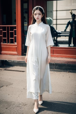 female, ((masterpiece, best quality, ultra detailed, absurdres):1.5) ,1girl, beautiful, ZGirl,orange eyes, white hair, midjourney portrait, chinese_clothes,ZGirl, full_body,dream_girl,Mecha body,photorealistic,aodai, chinese face