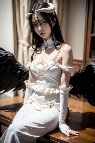 female, ((masterpiece, best quality, ultra detailed, absurdres),
solo, albedo, white dress, detached collar, elbow gloves, black wings, looking at viewer,albedo, sitting,al1, demon horns