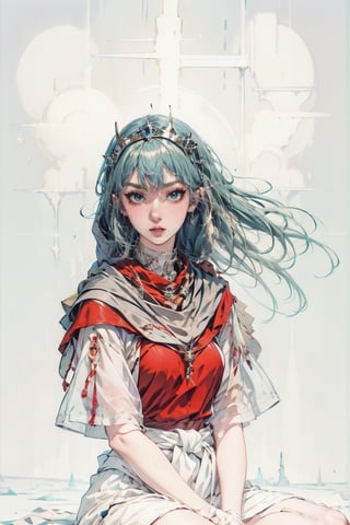 female, ((masterpiece, best quality, ultra detailed, absurdres),  solo, short hair, breasts, looking at viewer, hime cut, 25 years old,Short blonde hair, hime cut,Blue eyes, tiara,light armor, Long sword worn at the waist, ice, wlop art, donghua, scarf, hood, sitting on throne, full body shot, throne