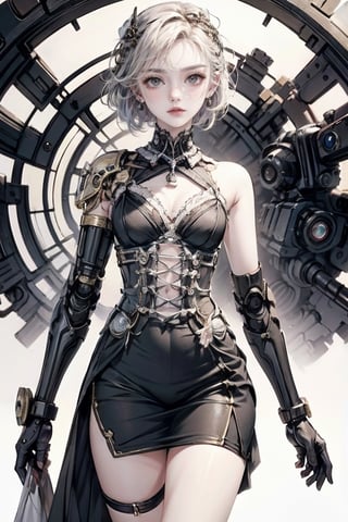 female, ((masterpiece, best quality, ultra detailed, absurdres),solo, 1girl,solo,small breasts,looking at viewer, heterochromia, skirt, black gloves, ,adress2, long dress, cybernetic