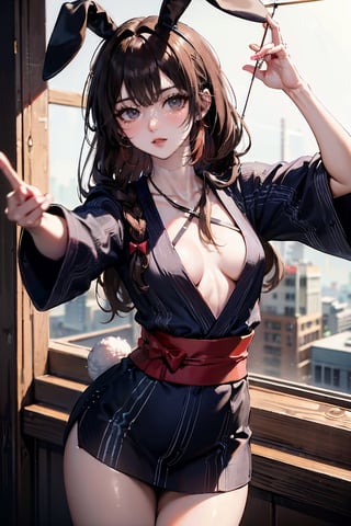 female, ((masterpiece, best quality, ultra detailed, absurdres),solo, 1girl,solo,small breasts,looking at viewer, heterochromia  ,looking at viewer, long hair, bangs, brown hair,bow,arrow,archer, bunny ears, arrow japanese, dynamic pose, blue_yukata