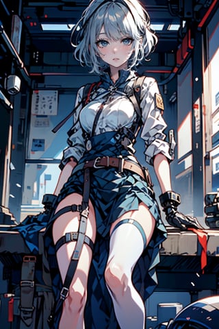 female, ((masterpiece, best quality, ultra detailed, absurdres),solo, 1girl,solo,small breasts,looking at viewer, heterochromia, skirt, black gloves, ,adress2, long dress, cybernetic,Pixel art