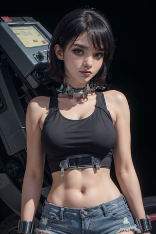 female, ((masterpiece, best quality, ultra detailed, absurdres), girl), (beauty girl), (ultra-high picture quality) ,(ultra realistic,32k, masterpiece:1.2),(high detailed skin:1.1),( high quality:1.1), A cute girl, cyborg, machine, beast, crop_top, navel, shorts