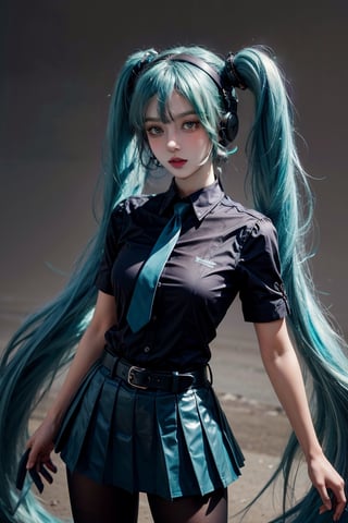 female, ((masterpiece, best quality, ultra detailed, absurdres):1.5),mikusound,miku, hatsune_miku, skirt, holding,shirt, gloves, holding, hair between eyes, twintails, very long hair, closed mouth, standing, short sleeves, pantyhose, pleated skirt, necktie, collared shirt, belt, miniskirt, aqua eyes, blue skirt, black pantyhose, black shirt, aqua hair,head phone, photorealistic, 