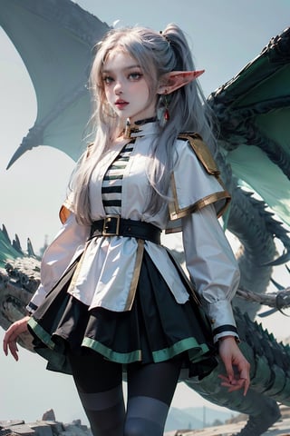 female, ((masterpiece, best quality, ultra detailed, absurdres):1, frieren, long hair, twintails, (green eyes:1.5), grey hair, pointy ears, elf,
shirt, long sleeves, jewelry, pantyhose, earrings, striped, black pantyhose, capelet, striped shirt, dragon ears