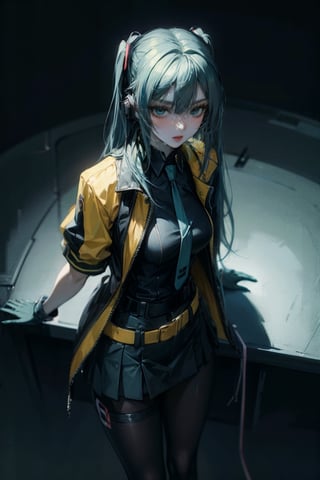 female, ((masterpiece, best quality, ultra detailed, absurdres):1.5),mikusound,,miku, hatsune_miku, skirt, holding,shirt, gloves, holding, hair between eyes, twintails, very long hair, closed mouth, standing, short sleeves, pantyhose, pleated skirt, necktie, collared shirt, belt, miniskirt, aqua eyes, blue skirt, black pantyhose, black shirt, aqua hair,head phone, photorealistic, viewed_from_above