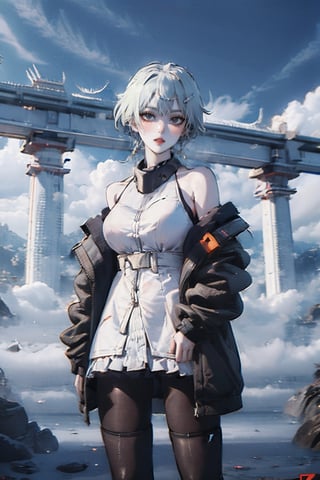 female, ((masterpiece, best quality, ultra detailed, absurdres):1.5),official art, unity 8k wallpaper, ultra detailed, beautiful and aesthetic, masterpiece, best quality, realistic, noir, bare shoulders, jacket, low ponytail, ponytail, pantyhose, sleeveless, off shoulder, open jacket, black jacket, black pantyhose, (white dress), necklace,noir,urban techwear,mecha dragon,fujimotostyle