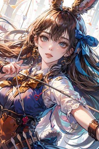 female, ((masterpiece, best quality, ultra detailed, absurdres),solo, 1girl,solo,small breasts,looking at viewer, heterochromia  ,looking at viewer, long hair, bangs, brown hair,bow,arrow,archer, bunny ears, arrow japanese, dynamic pose, blue_yukata