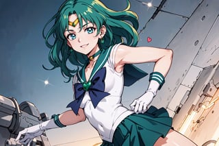  masterpiece, best quality, high resolution, unity 8k wallpaper, beautiful detailed eyes, extremely detailed face, perfect lighting, extremely detailed CG, perfect hands, perfect anatomy

sailor neptune, small breasts, aqua eyes, dark green hair, medium hair

bow, brooch, choker, earrings, elbow gloves, gloves, heart, heart brooch, sailor collar, skirt, pleated skirt, sailor collar, sailor senshi uniform, skirt, stud earrings, white gloves

smiling, twinkle in the eyes, hero pose, straight legs to sides,sailor uranus,sailor neptune