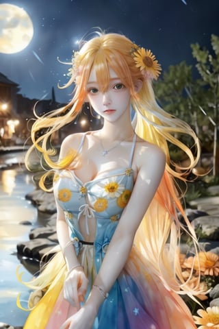 Watercolor painting, (Beautifully Aesthetic:1.2), (1girl:1.3), (colorful hair, Half orange and half yellow hair:1.2), water, liquid, natta, colorful, Orange and yellow anemone flowers bloom around, Anemone blooming on the head, beautiful night, Starry sky, It's raining, Sateen, Fantastic night out,watercolor
,1 girl,midjourney,yuzu