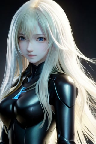 medium full shot of body,  a beautiful final fantasy style girl, (long wavy blonde hair), pale skin, fair skin,  clean detailed faces, black suit, GANTZ suit, analogous colors, glowing shadows, beautiful gradient, depth of field, clean image, high quality, high detail, high definition, Luminous Studio graphics engine, amazing pose, 
