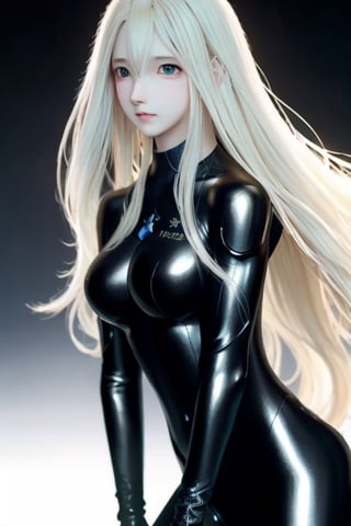 medium full shot of body,  a beautiful final fantasy style girl, (long wavy blonde hair), pale skin, fair skin,  clean detailed faces, black suit, GANTZ suit, analogous colors, glowing shadows, beautiful gradient, depth of field, clean image, high quality, high detail, high definition, Luminous Studio graphics engine