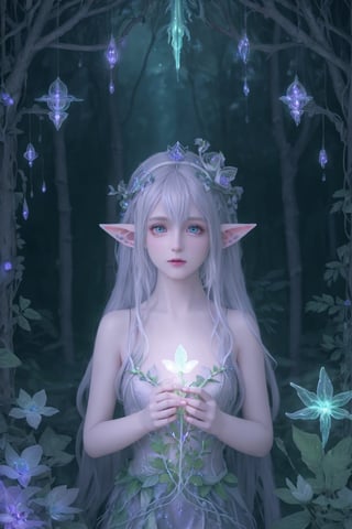 HDR, Ultra detailed illustration of a elf  with crown lost in a magical world full of wonders forest, unique luminous flora, highly detailed, pastel colors,  digital art, art by Mschiffer, night, dark, grey bioluminescence, (darkness background:1.2), 1girl, white skin, pale skin, 