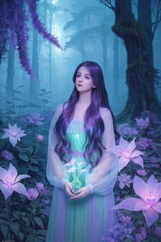 Ultra detailed illustration of a girl lost in a magical world full of wonders forest, unique luminous flora, highly detailed, pastel colors,  digital art, art by Mschiffer, night, dark, bioluminescence,1girl