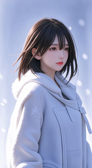  A short-haired girl standing in the snow, Red Coat, head up, breeze blowing hair, snow, snowflakes, depth of field, telephoto lens, messy hair, (close-up) , (sad) , sad and melancholy atmosphere, reference movie love letter, profile, head up, ((floating)) bangs or fringes of hair, eyes focused, half-closed, center frame, bottom to top,
,1 girl,<lora:659111690174031528:1.0>