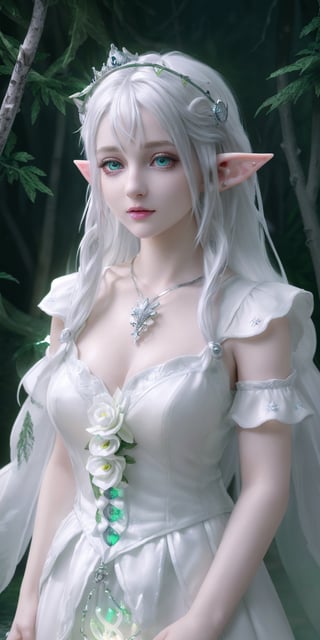 (((HDR, Ultra detailed illustration of a elf ))) with crown lost in a magical world full of wonders forest, unique luminous flora, highly detailed, pastel colors,  digital art, art by Mschiffer, night, dark, grey bioluminescence, (darkness background:1.2), 1girl, white skin, pale skin, Beauty white girl,  ((white elf)), beautiful white female in hyperdetailed white ruffled dress, gorgeous hyperdetailed white hair, pale_skin, flushed face, perfect symmetrical eyes, dreadlocks, silver jewels, silver-ornated white_goth_dress, (high detailed skin: 1.2),,Realism,more detail 