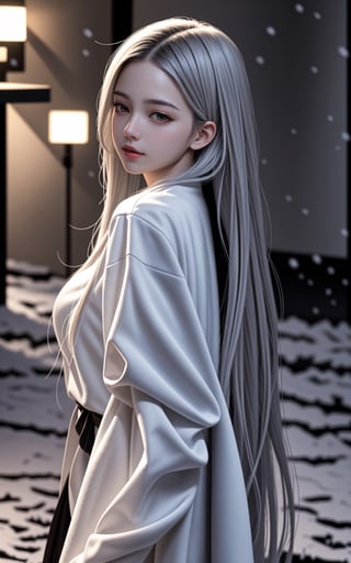 ((Masterpiece)), ((High resolution)), ((Fine detail)), (High-definition CG), HDR, a woman, grey hanfu, winter, light snow falling, beautiful lighting, Color Grading, Unreal Engine, creative, expressive, digital art, (long white hair:1.3), bangs, ,<lora:659111690174031528:1.0>