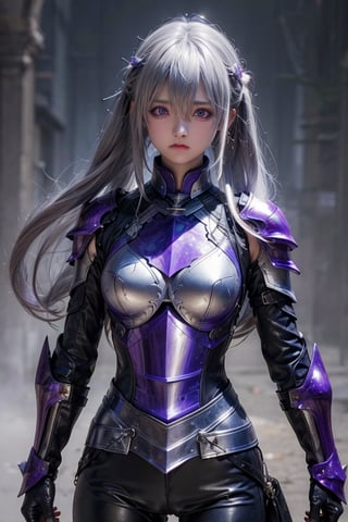 girl, purple eyes, long silver hair, sharp face, clever eyes, dual daggers, leather armor, full size picture,fight