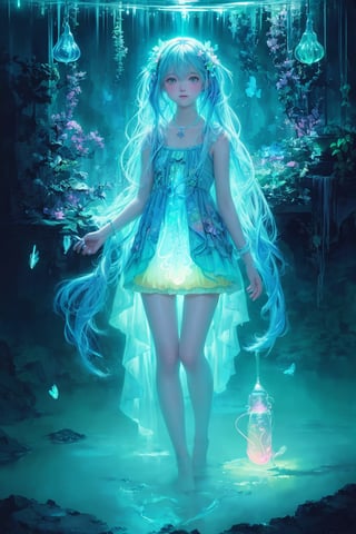 Ultra detailed illustration of a girl lost in a magical world of wonders, glowy, bioluminescent flora, incredibly detailed, pastel colors, handpainted strokes, visible strokes, oil paint, art by Mschiffer, night, bioluminescence