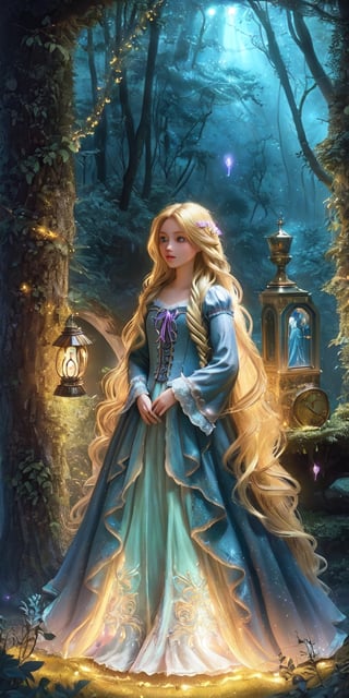 Ultra detailed illustration of a girl lost in a magical world full of wonders forest, highly detailed, digital art, art by Mschiffer, night, dark, 1girl,Holy light,1 girl, a girl named Rapunzel, (4 meters long hair:1.3), (glowing hair, luminesence blonde hair:1.2), ,rapunzel, full body shot, 