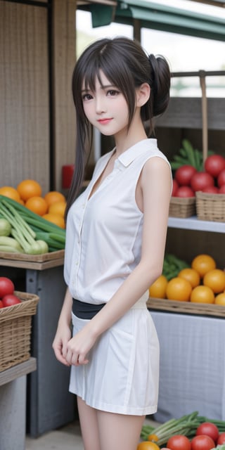 ((medium shot, portrait, a beautiful girl, young girl, bangs, messy hair, faint smile, happy, short skirt)), A village girl, going to the market, ((vegetables)), in the middle of a traditional market, in the far corner of the village, full of fruits, vegetables. 1girl, realistic image, RAW, realistic photo, dynamic pose, dynamic lighting, (((updo hairstyles))),<lora:659111690174031528:1.0>