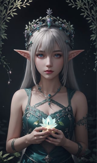 HDR, Ultra detailed illustration of a elf with crown lost in a magical world full of wonders forest, unique luminous flora, highly detailed, pastel colors, digital art, art by Mschiffer, night, dark, grey bioluminescence, (darkness background:1.2), 1girl, white skin, pale skin,

