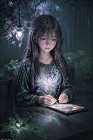 Ultra detailed illustration of a girl lost in a magical world of wonders, glowy, bioluminescent flora, incredibly detailed, pastel colors, handpainted strokes, visible strokes, digital art, art by Mschiffer, night, dark,  bioluminescence