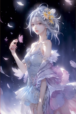 Watercolor painting, (Beautifully Aesthetic:1.2), (1girl:1.3), (colorful hair, Half blue and half grey hair:1.2), water, liquid, natta, colorful, Purple and yellow anemone flowers bloom around, Anemone blooming on the head, beautiful night, Starry sky, It's raining, Sateen, Fantastic night out,watercolor
,1 girl,midjourney,yuzu