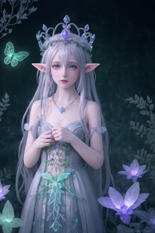 HDR, Ultra detailed illustration of a elf  with crown lost in a magical world full of wonders forest, unique luminous flora, highly detailed, pastel colors,  digital art, art by Mschiffer, night, dark, grey bioluminescence, (darkness background:1.2), 1girl, white skin, pale skin, 