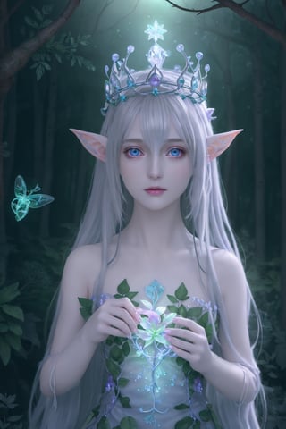 HDR, Ultra detailed illustration of a elf  with crown lost in a magical world full of wonders forest, unique luminous flora, highly detailed, pastel colors,  digital art, art by Mschiffer, night, dark, grey bioluminescence, (darkness background:1.2), 1girl, white skin, pale skin, 