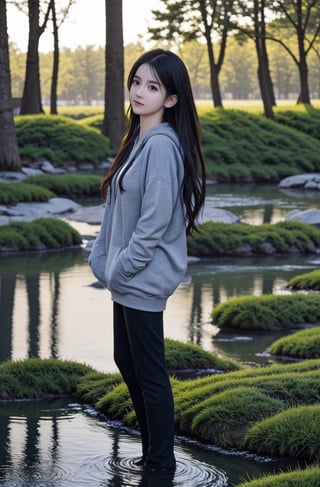 (a woman:1.4), (full body shot:1.5), grey sweater with hoodie, masterpiece, extremely best quality, official art, cg 8k wallpaper, (Fantasy Style:1.1), (face focus, cute, best quality, 1girl, nature background, meadow, solo, standing, pixiv:1), 3d,  light particle, highly detailed, best lighting, pixiv, depth of field, (beautiful face), fine water surface, incredibly detailed, (an extremely beautiful), (best quality),,,<lora:659111690174031528:1.0>