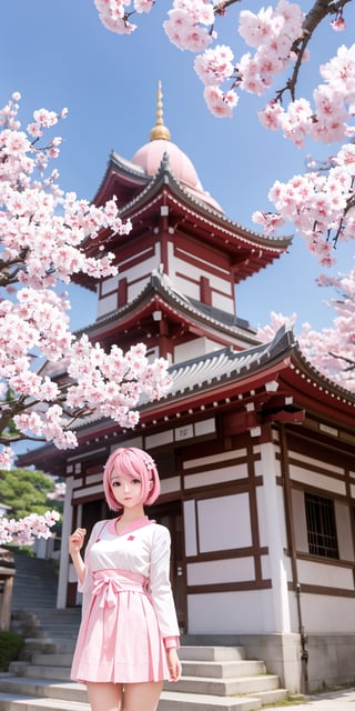 masterpiece, best quality, aesthetic,1 girl,Simple Sakura, cherry blossoms, short-hair, pink_hair, temple, tree, stairs, sky, pink eyes
,Simple Sakura , hina, 