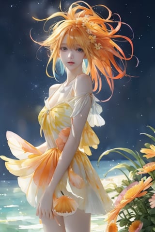 Watercolor painting, (Beautifully Aesthetic:1.2), (1girl:1.3), (colorful hair, Half orange and half yellow hair:1.2), water, liquid, natta, colorful, Orange and yellow anemone flowers bloom around, Anemone blooming on the head, beautiful night, Starry sky, It's raining, Sateen, Fantastic night out,watercolor
,1 girl,midjourney,yuzu