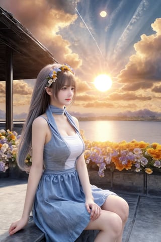 (masterpiece,  best quality),  (8k wallpaper),  (detailed illustration),  (super fine illustration),  (vibrant colors),  (professional lighting),  (sliver long wafy hair), (medium breast:1.3),  (shy:1.3),  The temples on both sides are decorated with blue ribbons,  (Double golden halo on her head),   red scarf,  cute dress,  long skirt,  hair ornament,  embarrassed,  natural eyes (grey eyes:1.3),  (clean sky:1.3) , (more flowers in air :1.3) , ( high sun:1.3),  (great view:1.3),  background ( clouds:1.3),  the girl sitting on one cloud, 
