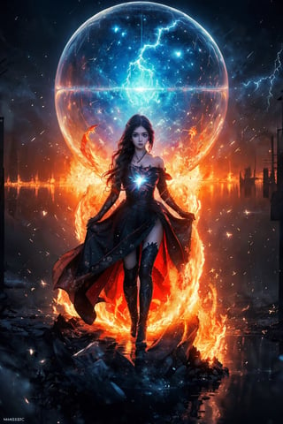 (masterpiece,  top quality,  best quality,  official art,  beautiful and aesthetic:1.5),  medium shot, (1girl), princess dress, (topless:0.8), extreme detailed, (abstract,  fractal art), long hair, floating hair, highest detailed,  detailed_eyes,  big eyes, water, ice, fire,  lightning,  light_particles,  ,midjourney,fantasy00d