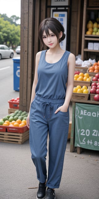 ((a beautiful girl, young girl, bangs, updo hair tied to the side of the shoulders, faint smile, happy, (short pant), blue overall)), A village girl, going to the market, ((carrying vegetables)), in the middle of a traditional market, in the far corner of the village, full of fruits, vegetables. 1girl, realistic image, RAW, realistic photo, dynamic pose, dynamic lighting, ,<lora:659111690174031528:1.0>