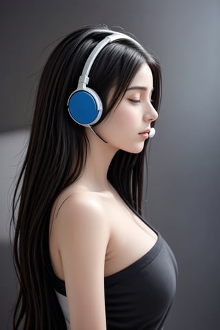 HDR, amazing super Ilustrastion, imagination, a beautiful girl wearing a (big headset:1.3), listens to very melodious music, until she is carried away by a comfortable, calm atmosphere, close her eyes, illustrations of (blocks of notes background:1.26) , grey sweater, indoor, side view, head up, big boobs, right shoulder, (chin up:1.2), long hair, intricate hairstyles, ,<lora:659111690174031528:1.0>