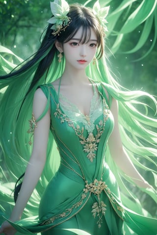 high quality, Detailed illustration of a fantastic woman in green color, Fantastic green depiction, A being of beauty that is not human, transcending the boundaries of the ordinary, Envision an otherworldly masterpiece, where a dreamlike, green mist envelops the scene, Picture a fantastical woman, her form traced by ethereal green lines, creating an illusion as if she's woven from the fabric of the cosmos, The gentle glow of the green mist accentuates the contours of her figure, lending an enchanting and mysterious aura to the composition, by yukisakura, awesome green color,