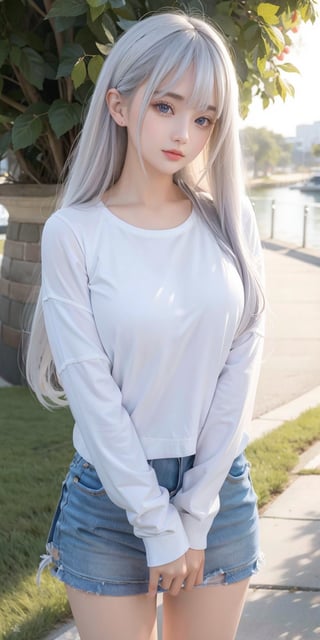 (masterpiece, best quality, highres:1.3), ultra resolution image, (1girl), (solo), ((20 years old)), kawaii, white hair, long flowing hair, bangs, purple eyes, gentle breeze, (soft sunlight:1.3), happy, white shirts, long sleeved, navy color tennis skirt, alone, realistic hand, perfect anatomy, 1 girl,scenery, front view, white background, looking at viewer, 