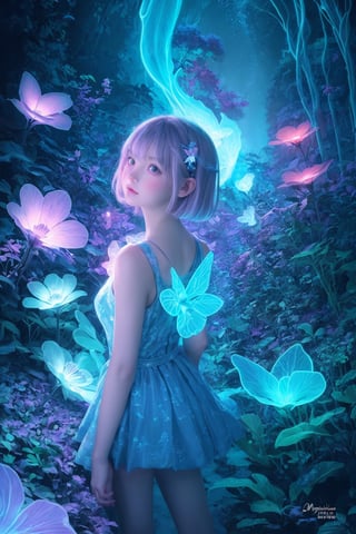 Ultra detailed illustration of a girl lost in a magical world of wonders, short hair,  glowy, bioluminescent flora, incredibly detailed, pastel colors, handpainted strokes, visible strokes, digital art, art by Mschiffer, night, red and blue bioluminescence