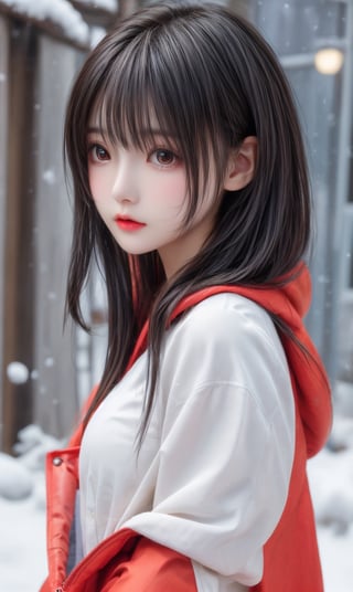 professional studio photo, upper body, a cute 17yo girl, elite model,  A short-haired girl standing in the snow, Red Coat, head up, ((looking to viewer)),  breeze blowing hair, snow, snowflakes, depth of field, telephoto lens, messy hair, (close-up) , (sad) , sad and melancholy atmosphere, reference movie love letter, profile, head up, ((floating)) bangs or fringes of hair, eyes focused, half-closed, center frame, bottom to top,  
,1 girl,Enhance