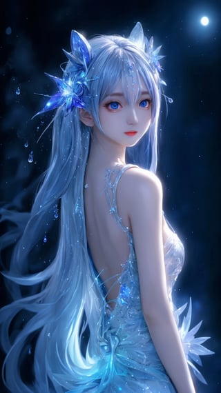 (masterpiece, best quality,4k resolution),
(Mysterious close-shot of a nixie from side), 
her glistening scales reflecting moonlight,
deep blue eyes filled with secrets of the deep galaxy,
water droplets on her skin shimmering like diamonds,
she looks back at the camera,1 girl